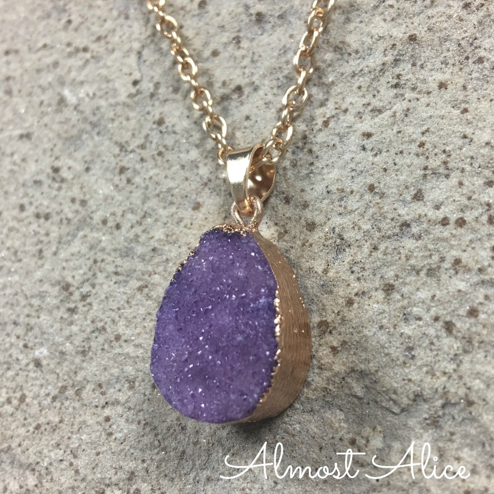 Gold Plated Purple Druzy Crystal Necklace